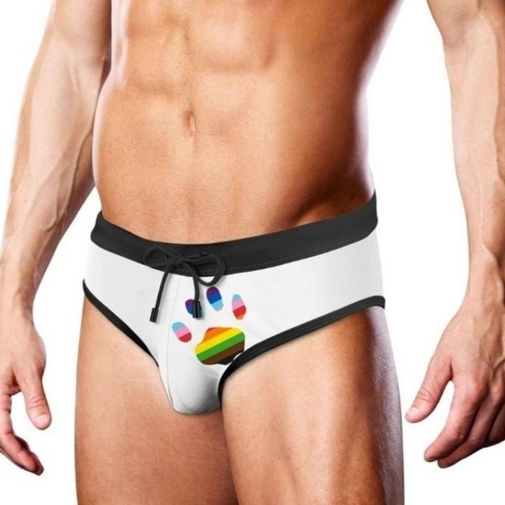 Stylish White Swim Briefs with Rainbow Paw Print